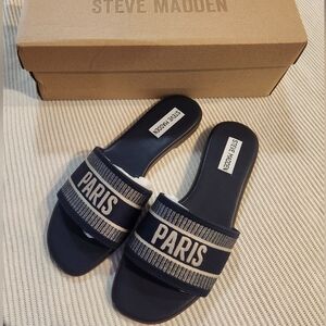 Steve Madden Sandals Knox Navy Paris Flat Slides NIB